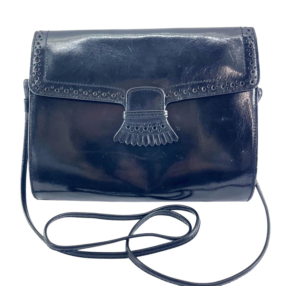 Vtg Perry‎ Ellis Leather Crossbody Bag Black Kiltie Tassel Brogue 80s 90s Winona